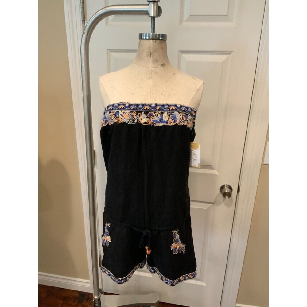 Miss Me Black Strapless Floral Embroidered Linen Romper, Size Small
